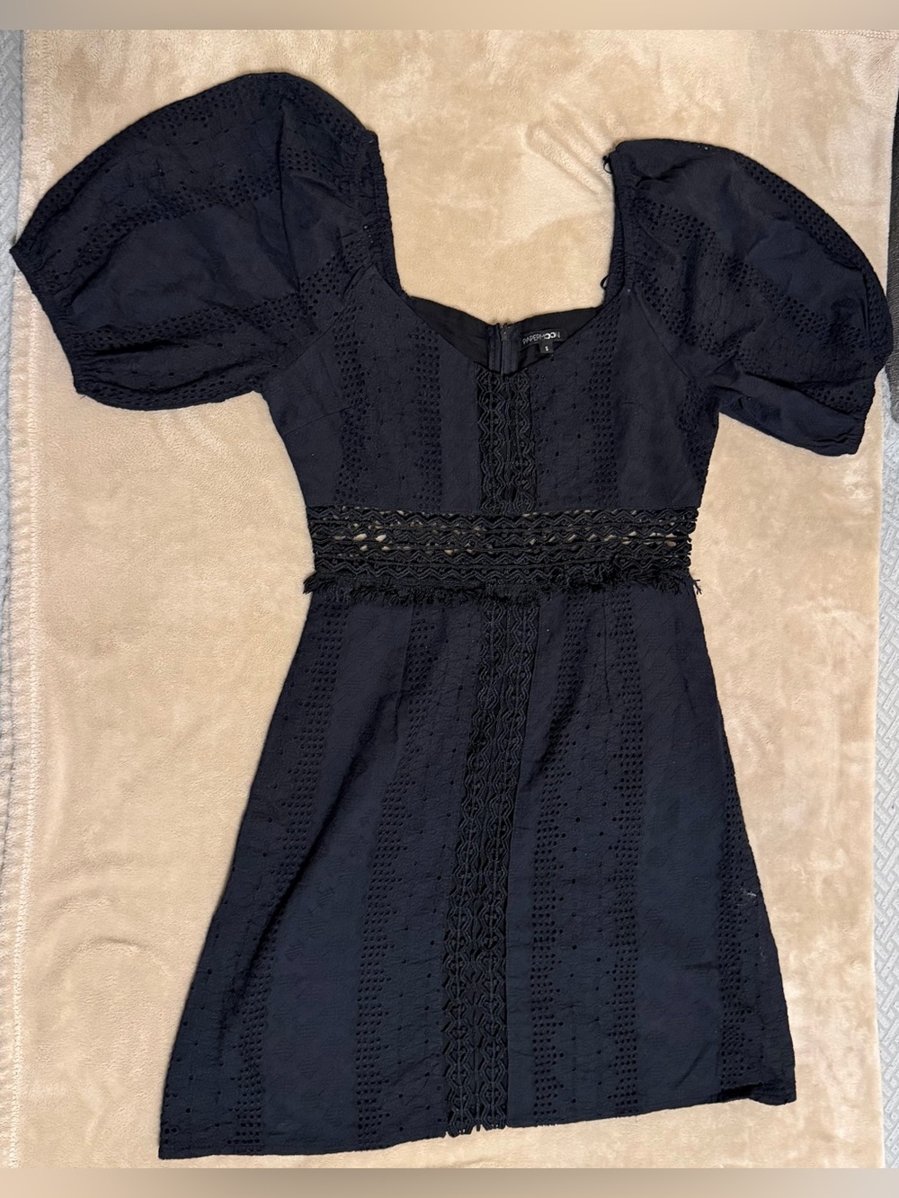 Papermoon Black Eyelet Puff-Sleeve Mini Dress